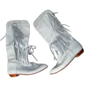 Vintage Baby Blue Fringe Cowgirl Boots Genuine Leather - Size 38 (Fit like a 7)